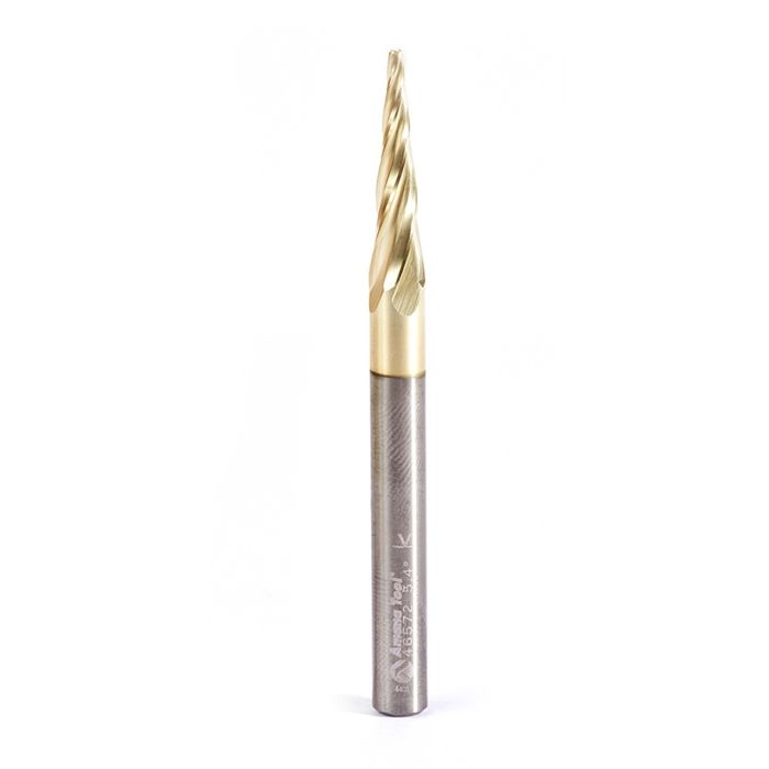 Amana tool 46572 CNC 2D and 3D Carving 5.4 Deg Tapered Angle Flat Bottom x 1/16 D x 1 CH x 1/4 SHK x 3 Inch Long x 4 Flute SC ZrN Coated Router Bit