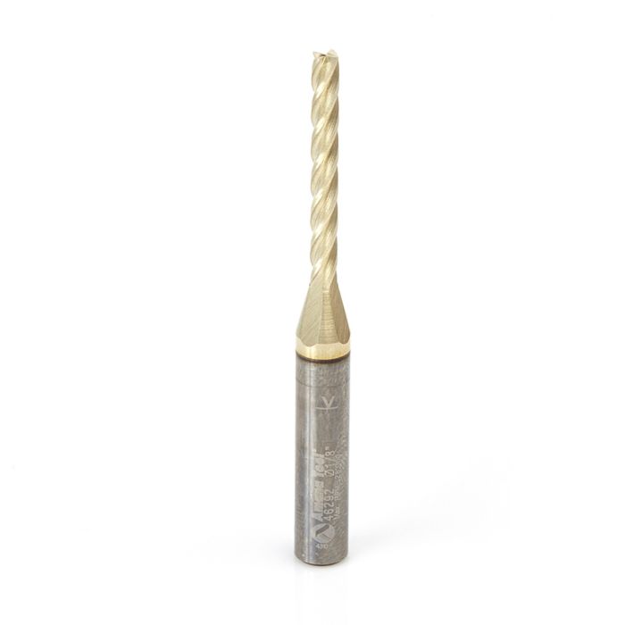 Amana tool 46292 CNC 2D and 3D Carving 0.10 Deg Tapered Angle Flat Bottom x 1/8 D x 1-3/32 CH x 1/4 SHK x 2-1/2 Inch Long x 4 Flute SC ZrN Coated Router Bit