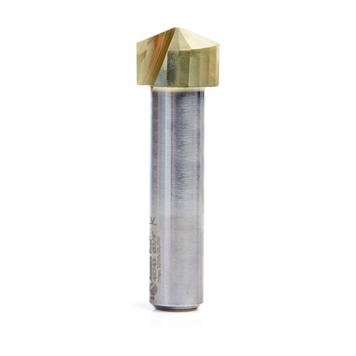 Amana tool 45743 ZrN Coated V-Groove 135 Deg. Folding for Aluminum Composite Material (ACM) Panels Like Alucobond, Dibond, 0.078 Tip Cut Width x 1/2 CH x 3/4 D x 1/2 Inch SHK Carbide Brazed to Steel Shank Router Bit