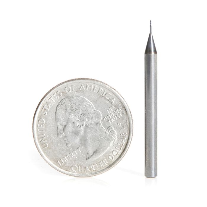 Amana tool 51751 Mini Solid Carbide Spiral for Steel, Stainless Steel & Composites, AlTiN Coated 0.0075 Radius x 0.015 Dia x 0.045 Cut Height x 1/8 Shank x 1-1/2 Inch Long Up-Cut 4-Flute Bal End Router Bit/End Mil