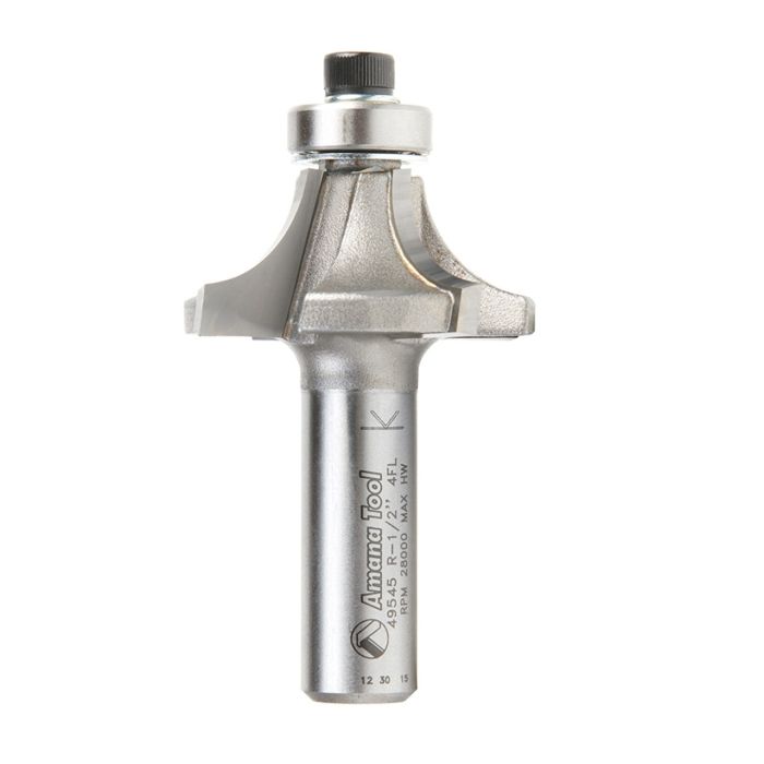 Amana tool 49545 Carbide Tipped 4 Flute Corner Rounding/Beading 1/2 R x 1-5/8 D x 11/16 CH x 1/2 Inch SHK w/ Lower Bal Bearing Router Bit