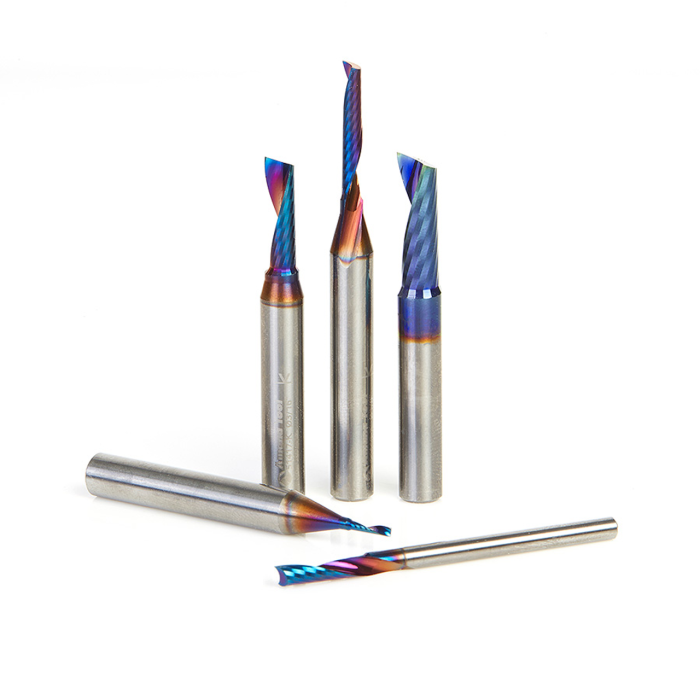 Amana tool AMS-166-K CNC 5-Pc CNC Spektra Extreme tool Life Coated Plastic Cutting Solid Carbide Spiral O Flute 1/4 SHK Up-Cut Router Bit Colection