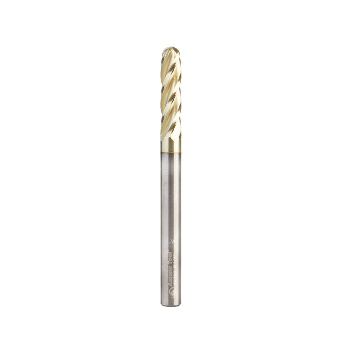 Amana tool 46584 CNC 2D and 3D Carving 0.10 Deg Straight Angle Bal Nose x 1/4 D x 1/8 R x 1 CH x 1/4 SHK x 3 Inch Long x 4 Flute SC ZrN Coated Upcut Router Bit