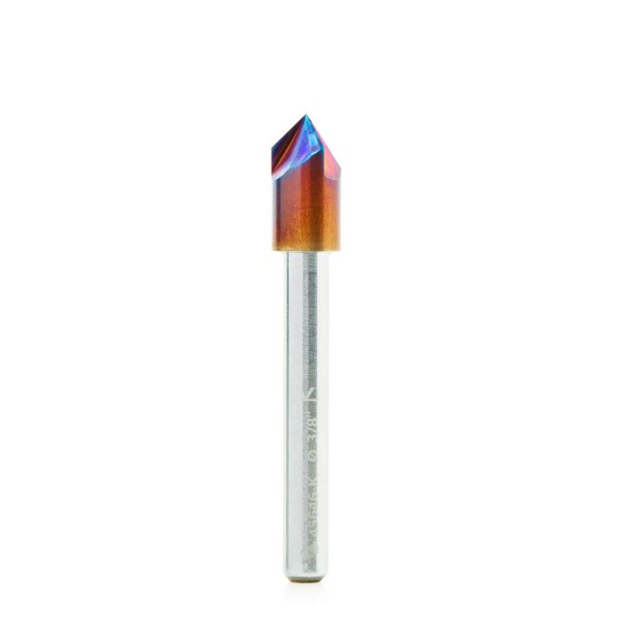 Amana tool 45646-K Solid Carbide (Brazed To Steel Shank) Cutting Edge Spektra Extreme tool Life Coated V-Groove 90 Deg x 3/8 D x 0.188 CH x 1/4 Inch SHK 3-Flute Router Bit