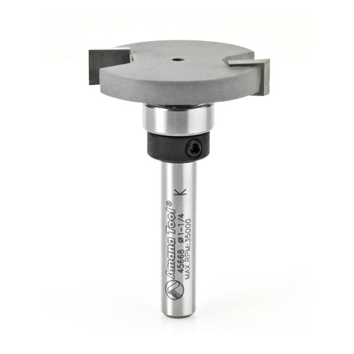 Amana tool 45668 Carbide Tipped Flooring Straight Dedicated Cutter 1-1/4 D x 1/4 CH x 1/4 Inch SHK Router Bit w/ Upper Bal Bearing