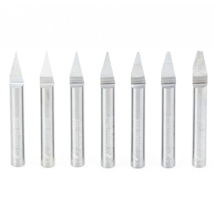 Amana tool 45779 7-Piece Solid Carbide 30 Deg Engraving 1/4 Inch SHK x 2 Inch Long Router Bit Set