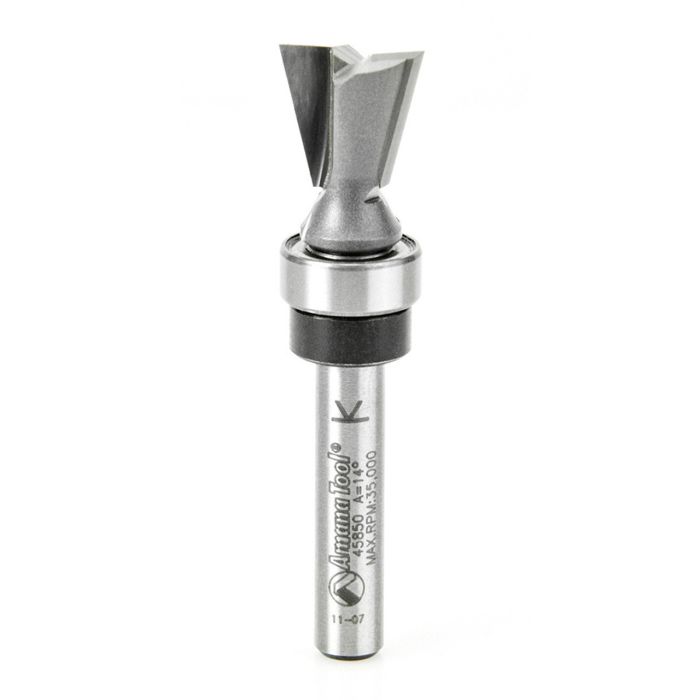 Amana tool 45850 Carbide Tipped Dovetail 14 Deg x 1/2 D x 1/2 CH x 1/4 Inch SHK w/ Upper Bal Bearing Router Bit