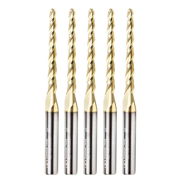 Amana tool 46284-5, 5-Pack CNC 2D and 3D Carving 1 Deg Tapered Angle Bal Nose x 1/8 D x 1/16 R x 1-1/2 CH x 1/4 SHK x 3 Inch Long x 3 Flute SC ZrN Coated Upcut Router Bits