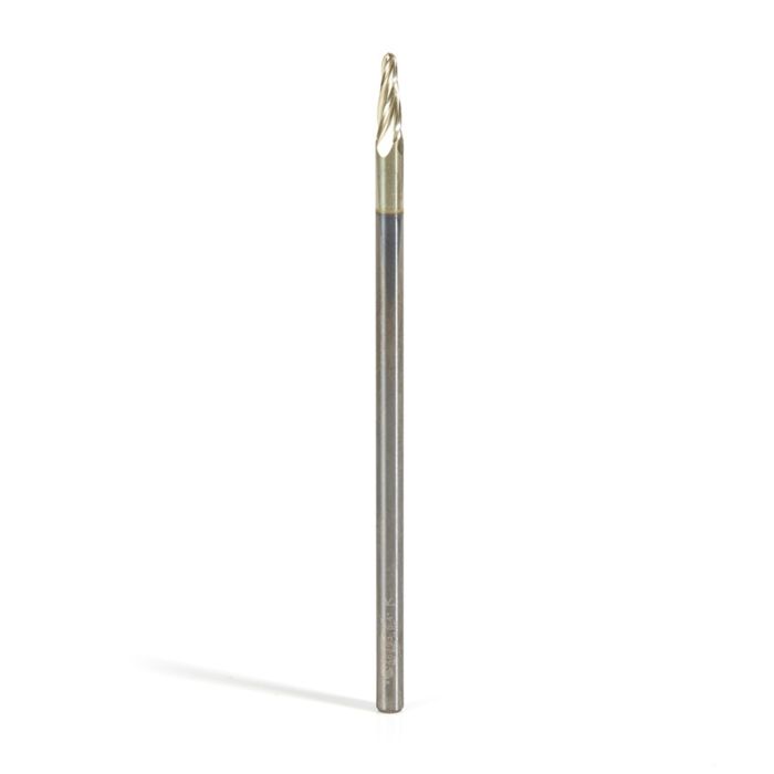 Amana tool 46293 CNC 2D and 3D Carving 5.4 Deg Tapered Angle Bal Nose x 1/16 D x 1/32 R x 0.362 CH x 1/8 SHK x 3 Inch Long x 4 Flute SC ZrN Coated Upcut Router Bit