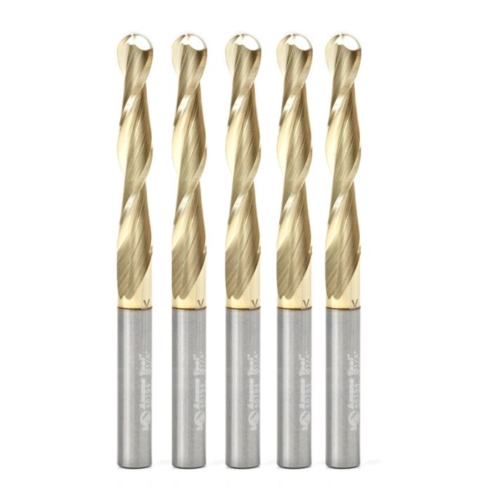 Amana tool 46294-5, 5-Pack CNC 2D and 3D Carving 0.10 Deg Straight Angle Bal Nose x 1/4 D x 1/8 R x 1-1/2 CH x 1/4 SHK x 3 Inch Long x 2 Flute SC ZrN Coated Upcut Router Bit