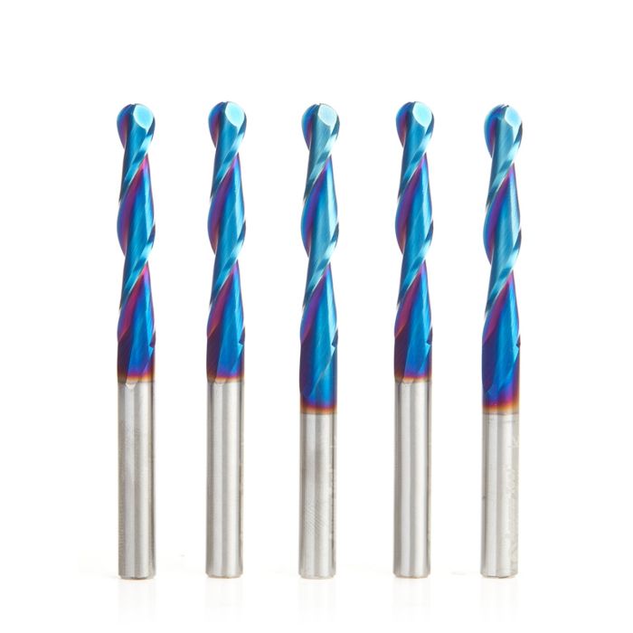 Amana tool 46294-K-5, 5-Pack CNC Spektra Extreme tool Life Coated SC 2D and 3D Carving 0.10 Deg Straight Angle Bal Nose x 1/4 D x 1/8 R x 1-1/2 CH x 1/4 SHK x 3 Inch Long x 2 Flute Router Bits