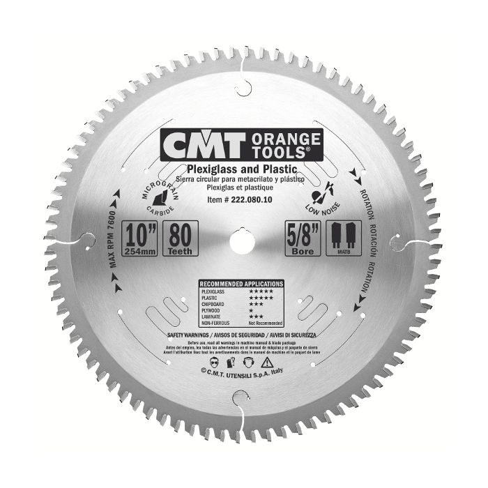 CMT 222.080.10 Industrial Plexiglass and Plastic Saw Blade, 10-Inch x 80 Teeth MATB Grind with 5/8-Inch Bore