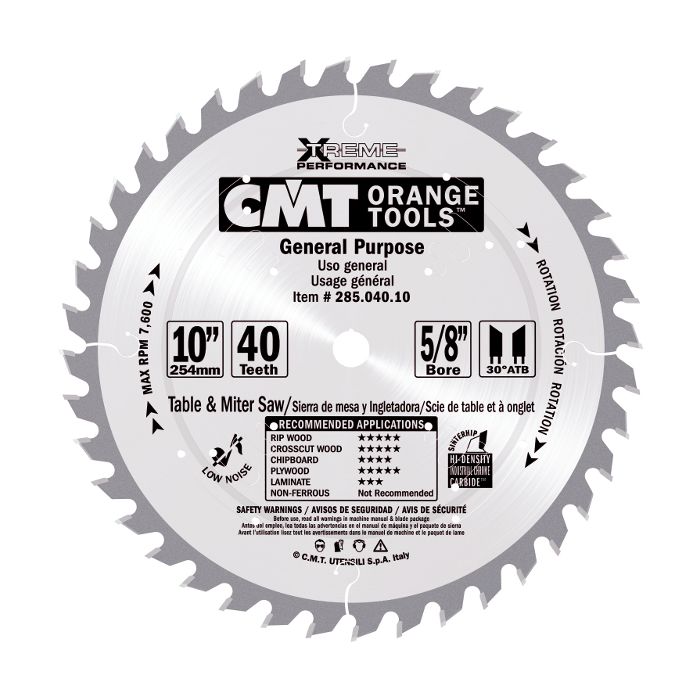 CMT 285.040.10 Industrial Heavy-Duty General Purpose Blade, 10-Inch X 40 Teeth 30° ATB with 5/8-Inch bore