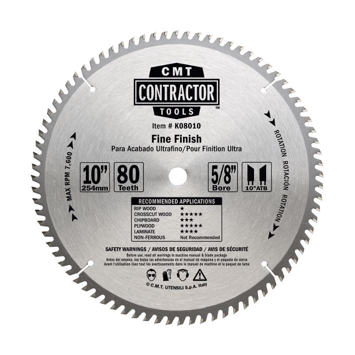 CMT K08010 ITK Contractor Finishing Saw Blade, 10 X 80 Teeth, 10° ATB with 5/8-Inch Bore