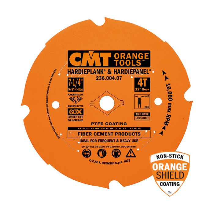 CMT 236.004.07 ITK PLUS Diamond Saw Blade for Fiber Cement Products, 7-1/4-Inch x 4 Conical Teeth with 5/8-Inch<>Bore, PTFE Coating