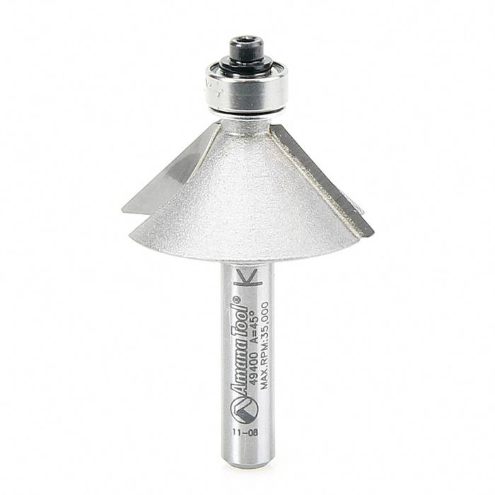Amana tool 49400 Carbide Tipped Chamfer 45 Degree x 1-1/4 D x 1/2 CH x 1/4 Inch SHK w/ Lower Bal Bearing Router Bit