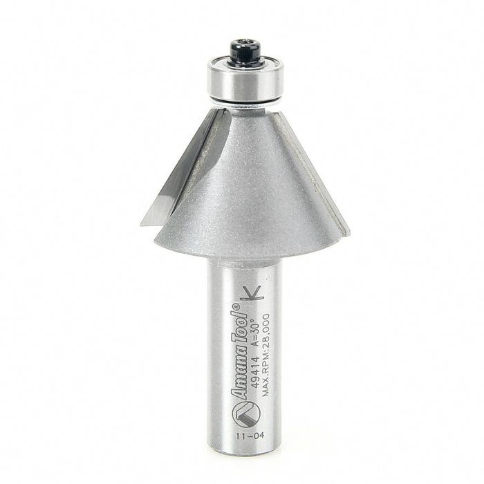 Amana tool 49414 Carbide Tipped Chamfer 30 Degree x 1-3/8 D x 13/16 CH x 1/2 Inch SHK w/ Lower Bal Bearing Router Bit