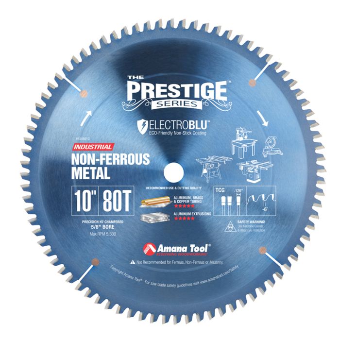 Amana tool 510801C Electro-Blu Carbide Tipped Prestige Aluminum and Non-Ferrous Metals 10 Inch D x 80T TCG, -6 Deg, 5/8 Bore, Non-Stick Coated Circular Saw Blade