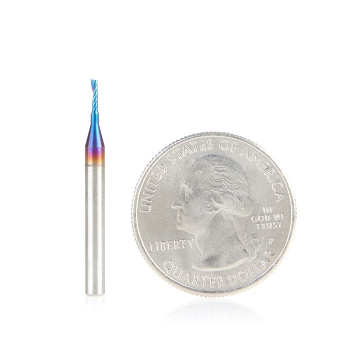 Amana tool 51395-K CNC Spektra Coated SC Spiral O Single Flute, Plastic Cutting 1.2mm D x 4mm CH x 3mm SHK x 30mm Long Up-Cut Router Bit with Mirror Finish