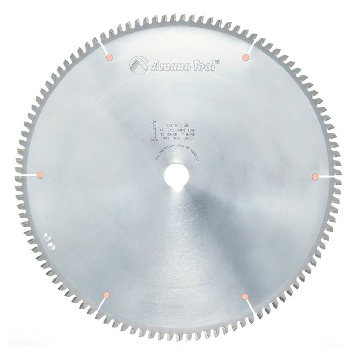 Amana tool 514108 Carbide Tipped Aluminum and Non-Ferrous Metals 14 Inch D x 108T TCG, -6 Deg, 1 Inch Bore, Circular Saw Blade