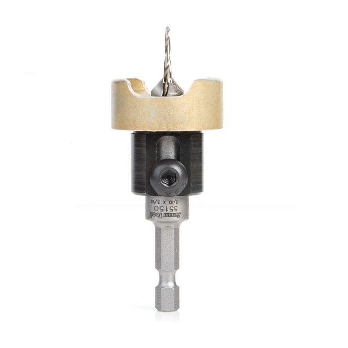 Amana tool 55150 Carbide Tipped 82 Degree Countersink with Tapered Dril and Adjustable Depth Stop with No-Thrust BB, 3/8 D x 3/32 Dril D x 1/4 Inch Quick Release Hex SHK
