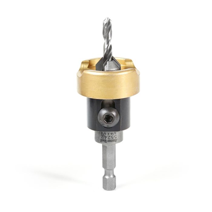 Amana tool 55242 Carbide Tipped Countersink with No Burning and No Marring Adjustable Depth Stop with No-Thrust BB, 1/2 D x 3/16 Dril D x 1/4 Inch Quick Release Hex SHK