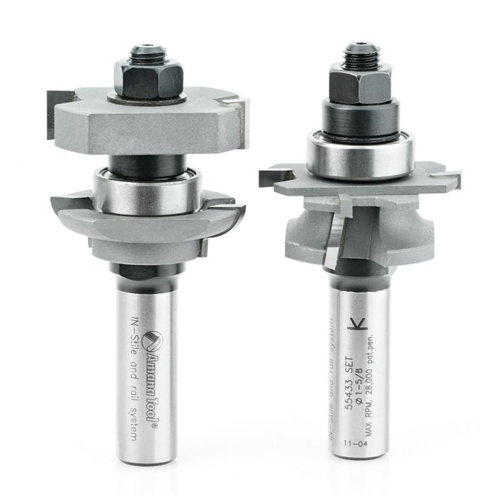 Amana tool 55433 Carbide Tipped InStile & Rail Concave 5/32 R x 1-5/8 D x 5/8 to 1-1/8 CH x 1/2 Inch SHK w/ Lower BB Adjustable Router Bit Set for Plywood