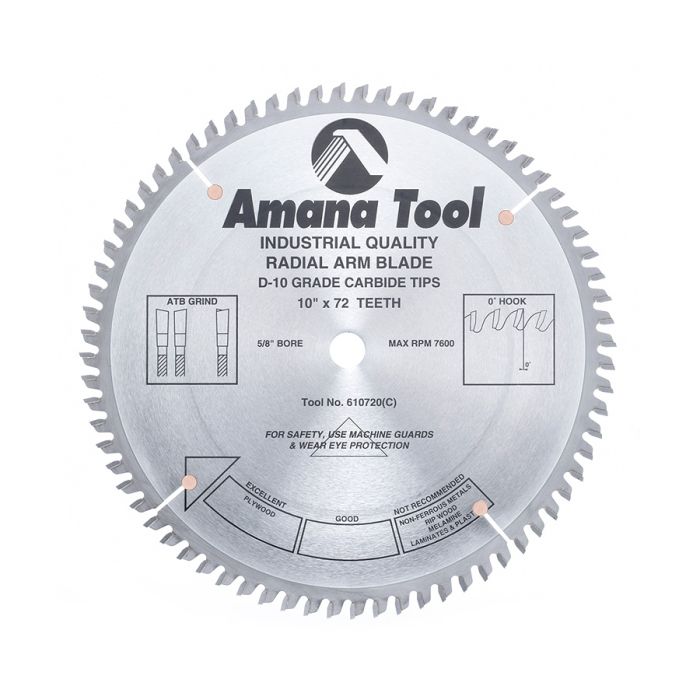 Amana 610720 Carbide Tipped Radial Arm 10 Inch Dia x 72T ATB, 0 Deg, 5/8 Bore Circular Saw Blade