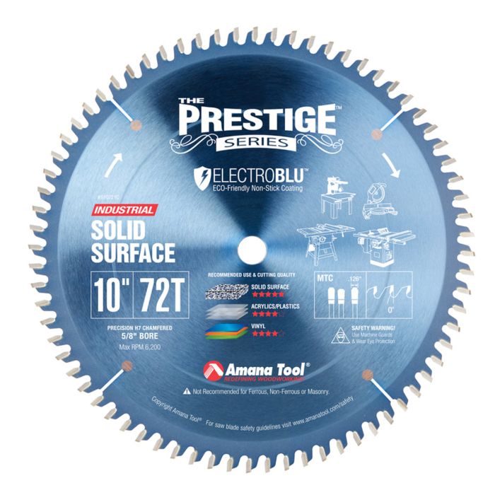Amana tool 610721C Electro-Blu Carbide Tipped Prestige Solid Surface 10 Inch D x 72T M-TCG, 0 Deg, 5/8 Bore, Non-Stick Coated Circular Saw Blade