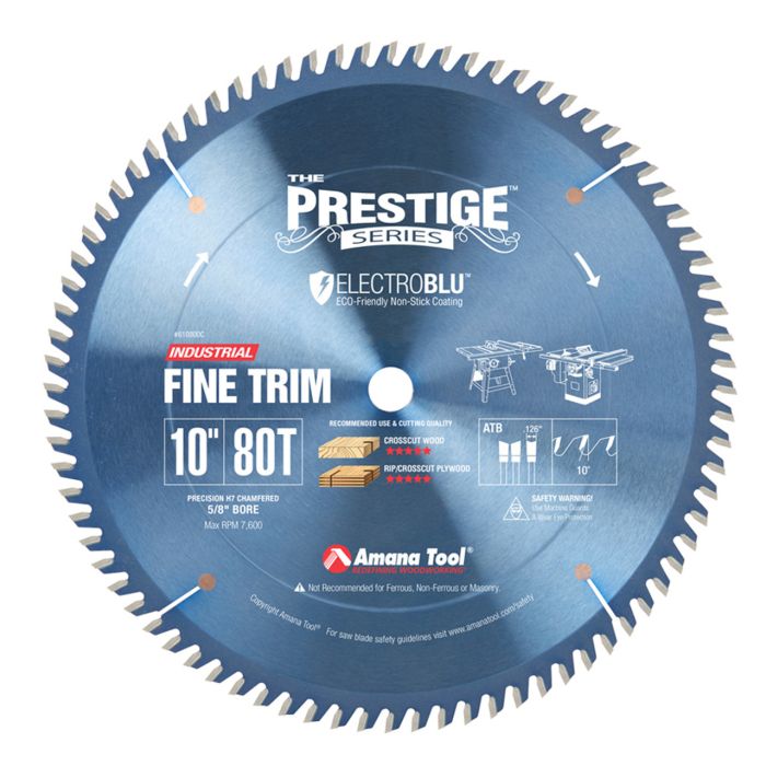 Amana tool 610800C Electro-Blu Carbide Tipped Prestige Trim 10 Inch D x 80T ATB, 10 Deg, 5/8 Bore, Non-Stick Coated Circular Saw Blade