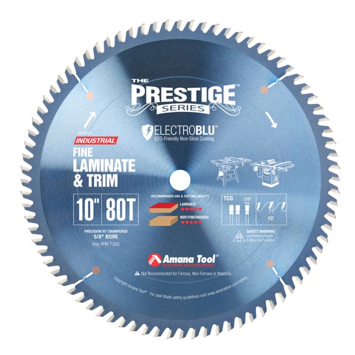 Amana tool 610801C Electro-Blu Carbide Tipped Prestige Fine Cut-Off and Crosscut 10 Inch D x 80T TCG, 10 Deg, 5/8 Bore, Non-Stick Coated Circular Saw Blade
