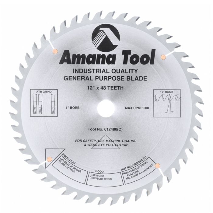 Amana tool 612480 Carbide Tipped General Purpose 12 Inch D x 48T ATB, 15 Deg,1 Inch Bore, Circular saw Blade