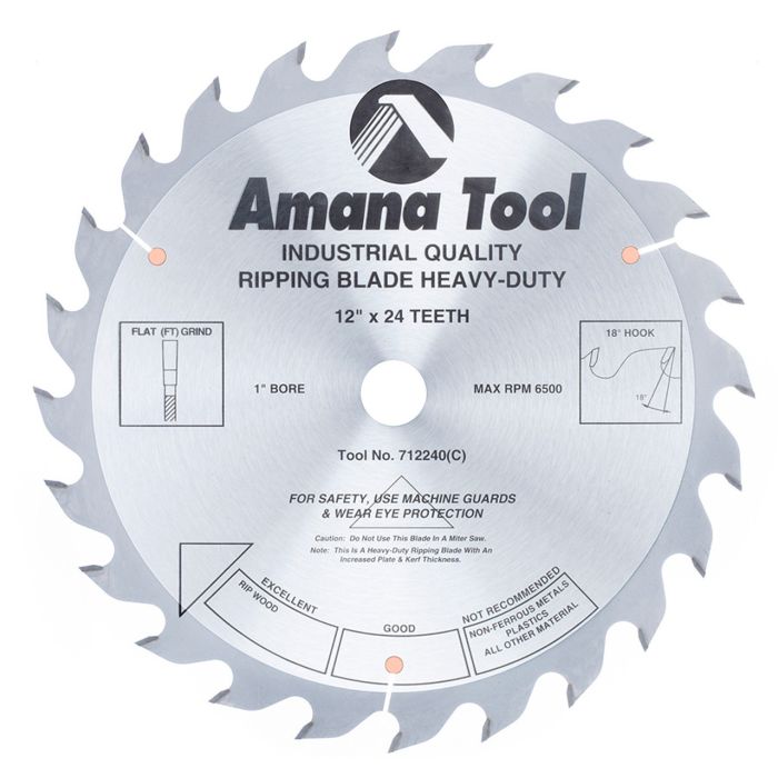 Amana tool 712240 Carbide Tipped Heavy-Duty Ripping 12 Inch D x 24T FT, 18 Deg, 1 Inch Bore, Circular Saw Blade
