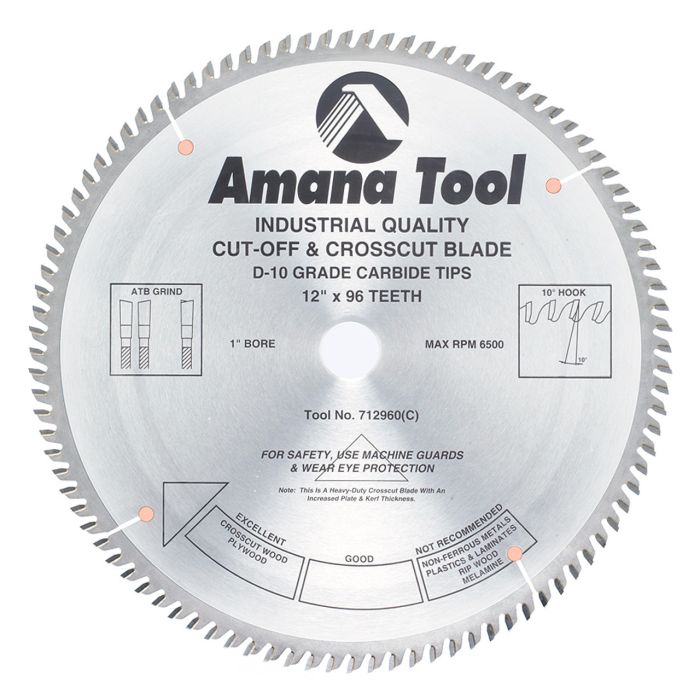 Amana tool 712960 Carbide Tipped Heavy Duty Cut-Off and Crosscut 12 Inch D x 96T ATB, 10 Deg, 1 Inch Bore, Circular Saw Blade