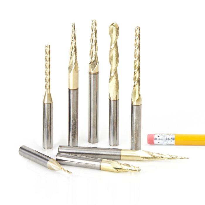 Amana tool AMS-136 8-Pc CNC 2D and 3D Carving Bal Nose & Flat Bottom ZrN Coated Solid Carbide 1/4 Inch SHK Router Bit Colection