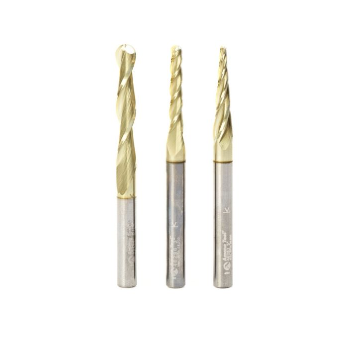 Amana tool AMS-146 3-Pc CNC 2D and 3D Carving Bal Nose ZrN Coated SC 1/4 Inch SHK Router Bit Colection Includes 46282 (1/16), 46286 (1/8) & 46294 (1/4 D.)