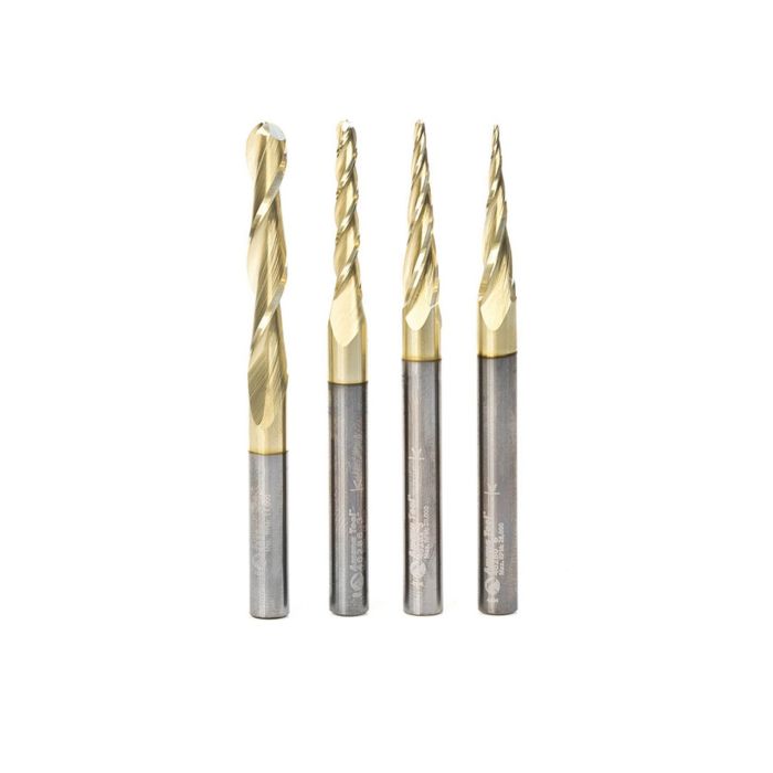 Amana tool AMS-148 4-Pc CNC 2D and 3D Carving Bal Nose ZrN Coated SC 1/4 Inch SHK Router Bit Colection Includes 46280 (1/32), 46282 (1/16), 46286 (1/8) & 46294 (1/4 D.)