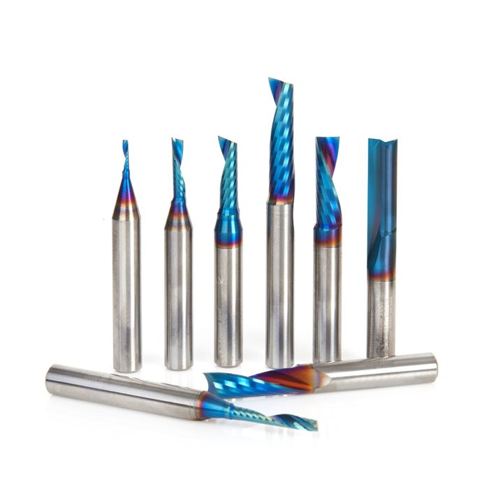 Amana tool AMS-165-K 8-Pc CNC Spektra Extreme tool Life Coated Plastic Cutting Solid Carbide Spiral O Flute 1/4 SHK Router Bit Colection