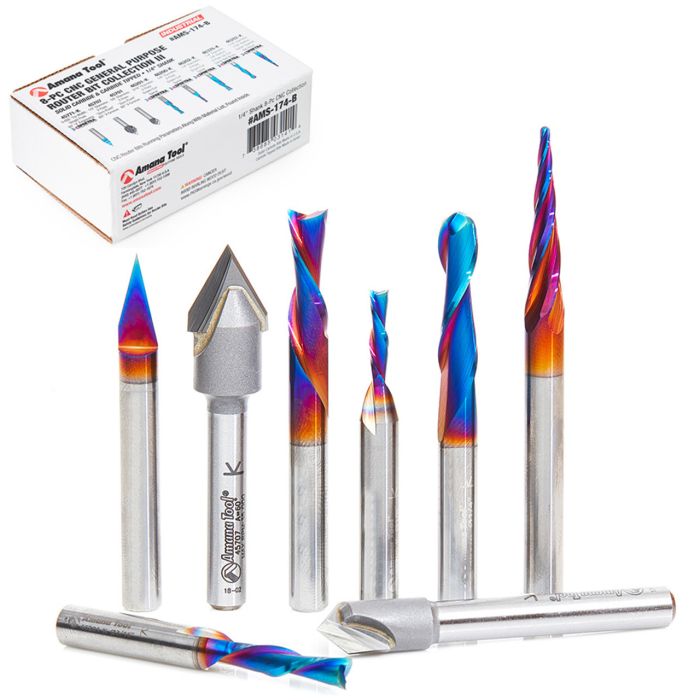 Amana tool AMS-174-B 8-Pc General Purpose CNC Router Bit Colection in Cardboard Box, 1/4 Inch Shank