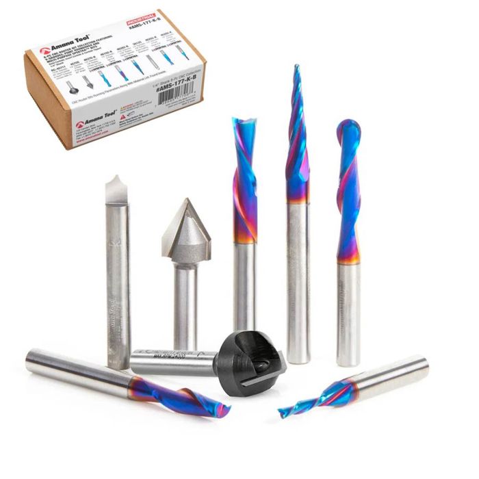 Amana tool AMS-177-K-B 8-Pc CNC Router Bit Colection Featuring V-Grooves, Point Roundover and Multi-Purpose Spektra Bits, 1/4 Shank in Cardboard Box