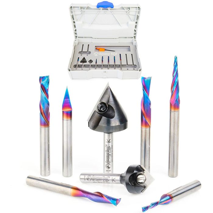 Amana tool AMS-257 8-Pc General Purpose CNC Router Bit Set Packed in Stackable Tanos Systainer Plastic Case, 1/4 Inch Shank