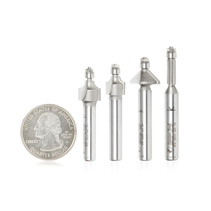Amana tool AMS-612 Carbide Tipped 4-Pc Miniature Router Bit Pack with Mini 3/16 Dia Lower Bal Bearing
