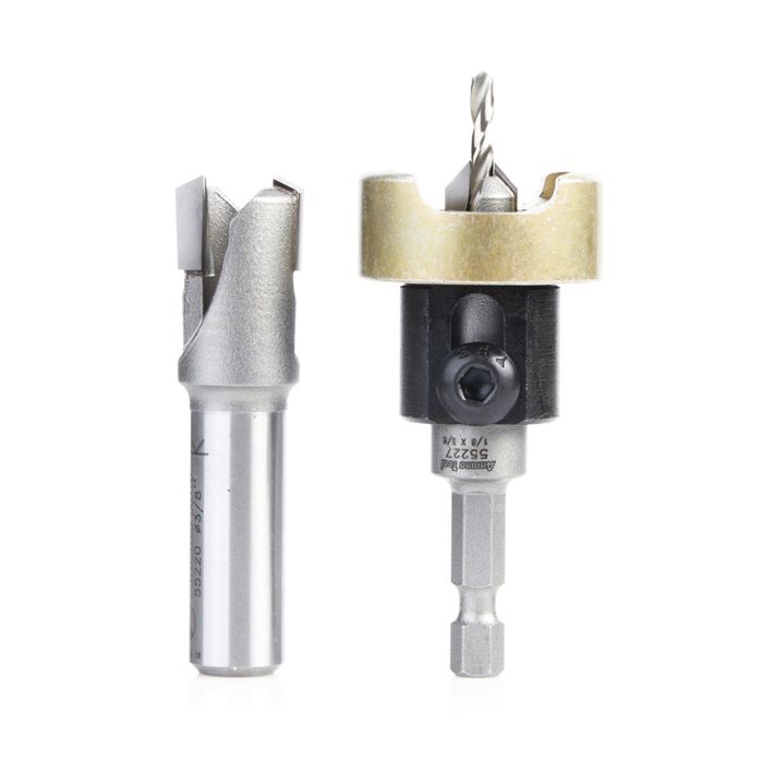 Amana tool AMS-625 2-Pc Carbide Tipped Countersink with Adjustable Depth Stop and No-Thrust, No Marring Bal Bearing, with Plug Cutter Set