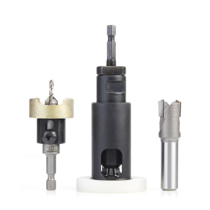 Amana tool AMS-626 3-Pc Carbide Tipped Countersink with Adjustable Depth Stop and No-Thrust, No Marring Bal Bearing, with Plug Planer and Plug Cutter Set