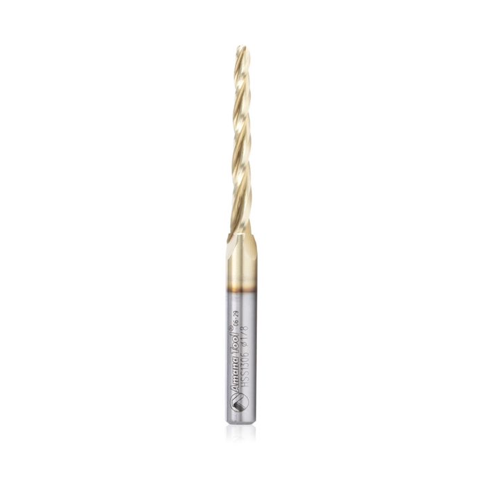 Amana tool HSS1306 CNC 2D and 3D Carving Bal Nose 1 Deg Tapered Angle x 1/8 Dia x 1/16 Radius x 1-1/2 CH x 1/4 Shank x 3 Inch Long x 3 Flute High Speed Steel (HSS) ZrN Coated Upcut Router Bit