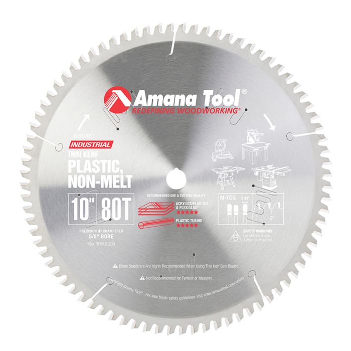 Amana tool LB10801 Carbide Tipped Non-Melt Plastic 10 Inch D x 80T M-TCG, -2 Deg, 5/8 Bore, Circular Saw Blade