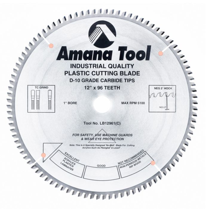 Amana tool LB12961 Carbide Tipped Non-Melt Plastic 12 Inch D x 96T M-TCG, -2 Deg, 1 Inch Bore, Circular Saw Blade