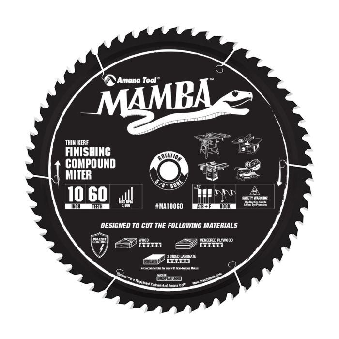 Amana tool MA10060 Carbide Tipped Thin Kerf Finishing Compound Miter Mamba Contractor Series 10 Inch D x 60T, ATB+F, 8 Deg, 5/8 Bore Circular Saw Blade
