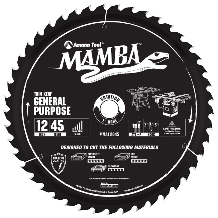 Amana MA12045 Carbide Tipped Thin Kerf General Purpose Miter Mamba Contractor Series 12 Inch Dia x 45T, ATB+F, 15 Deg, 1 Bore Circular Saw Blade