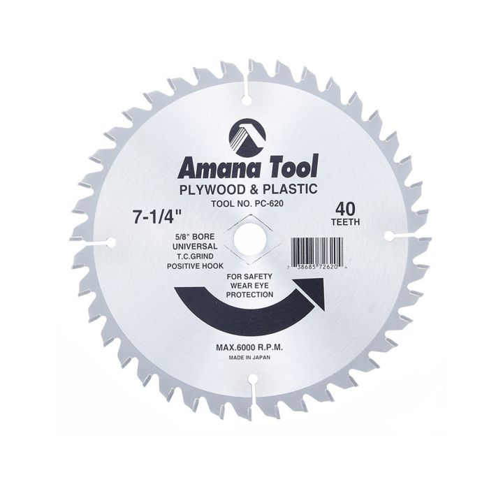 Amana tool PC-620 Carbide Tipped Plywood & Plastic 7-1/4 Inch D x 40T TCG, 5/8 - Universal Bore, Circular Saw Blade